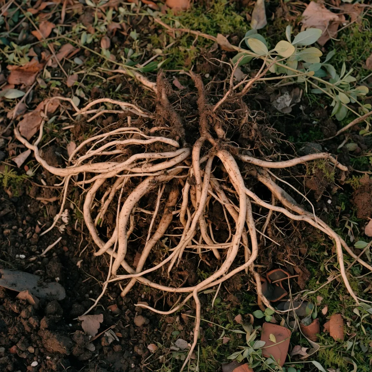 A dense network of thick vinca roots exposed in dark garden soil.
