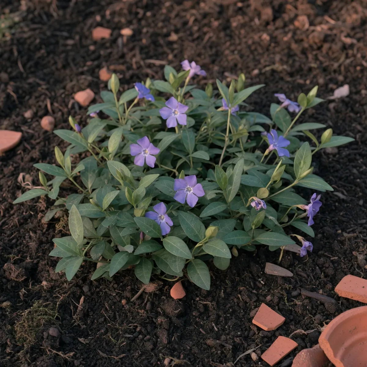 A low-growing Vinca minor plant displaying small blue-green leaves and delicate purple flowers against dark soil.