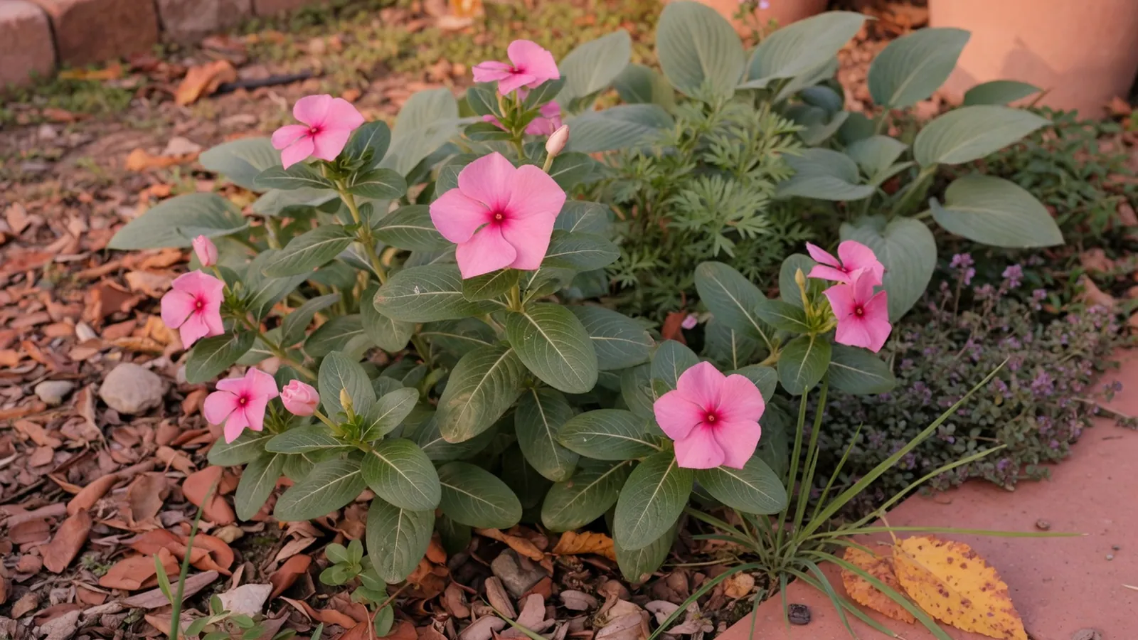 A vibrant Vinca plant blooming with pink flowers in a sunny garden bed, surrounded by lush green foliage.