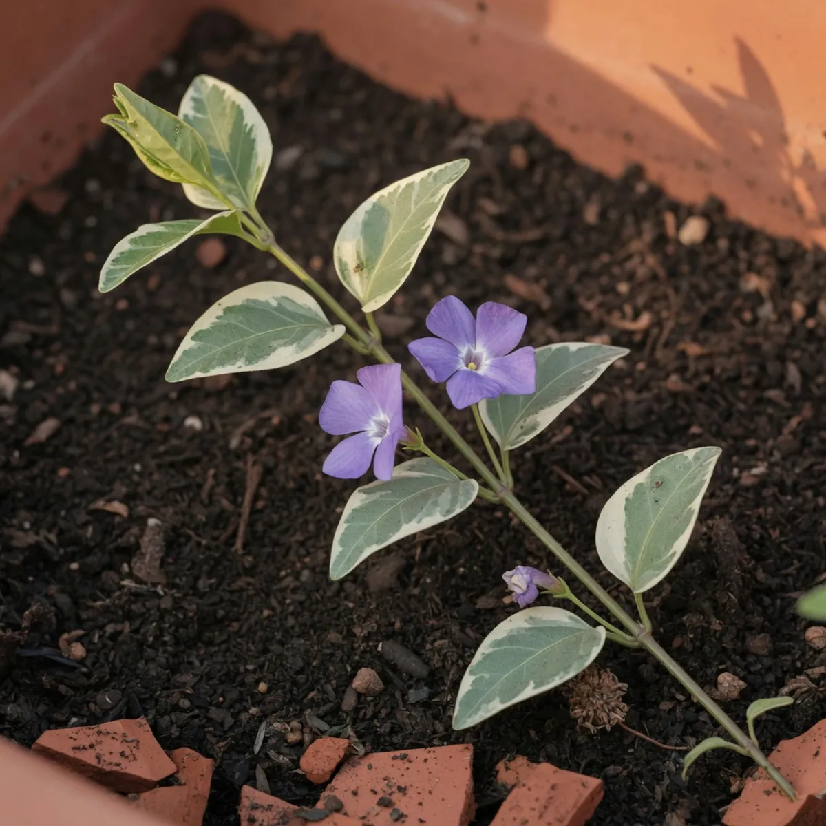 A vinca vine stem with small violet flowers and variegated leaves edged in creamy white.