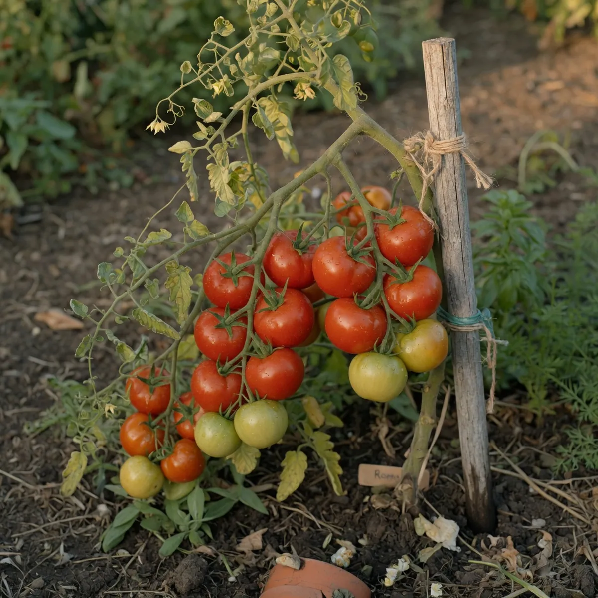 A cluster of ripening red tomatoes hanging from a long, climbing vine supported by a wooden stake.
