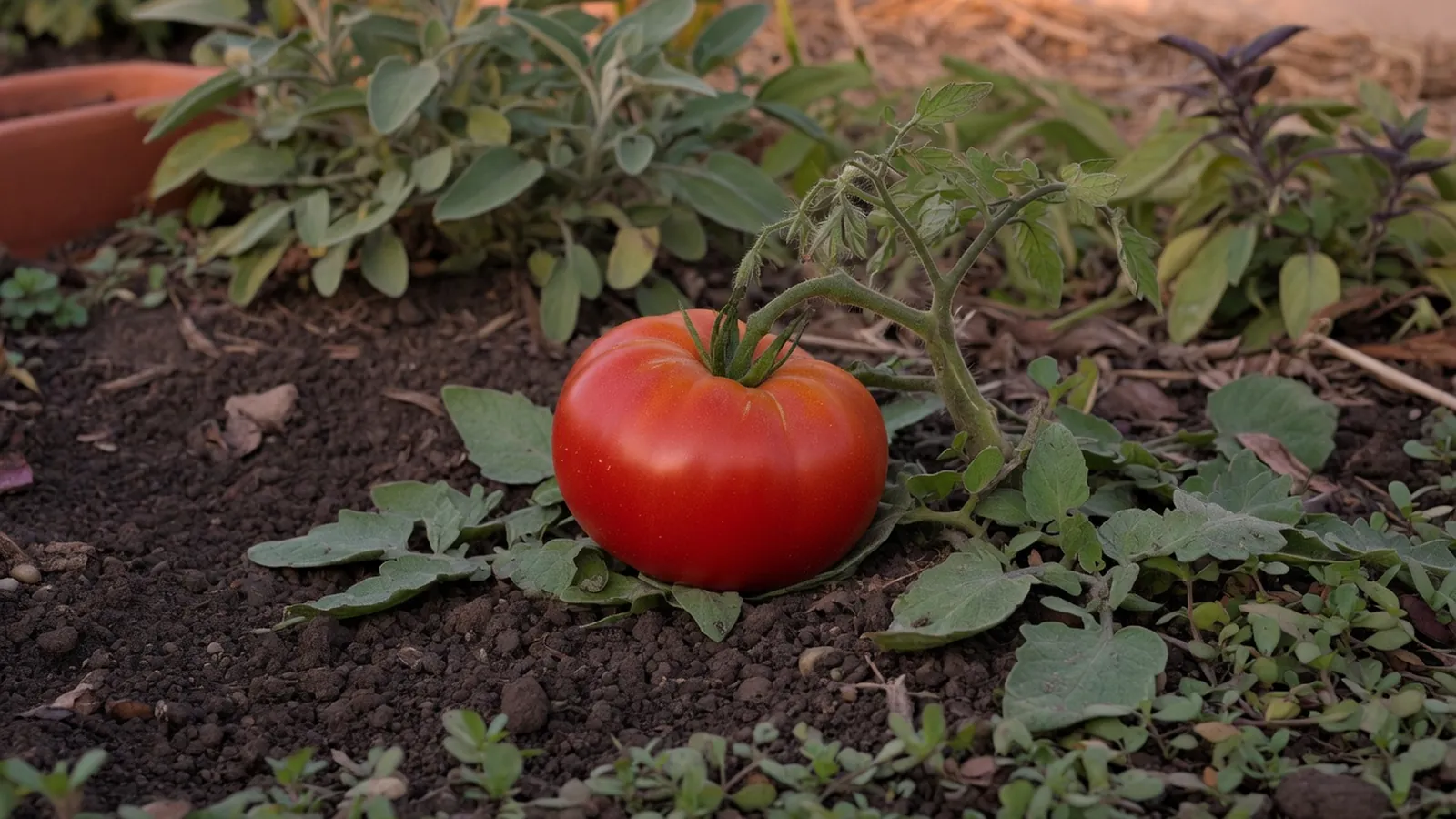 A close-up of a single ripe red vine tomato attached to its green stem and calyx.