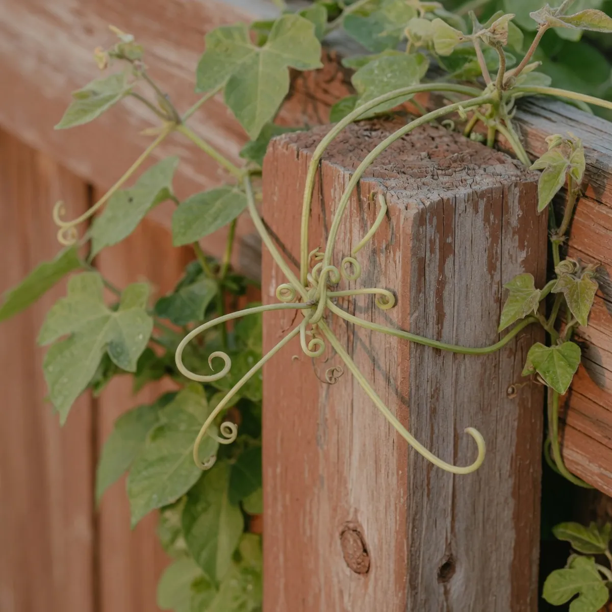 Close-up of small forked tendrils gripping a smooth wooden fence post amidst fresh green foliage.