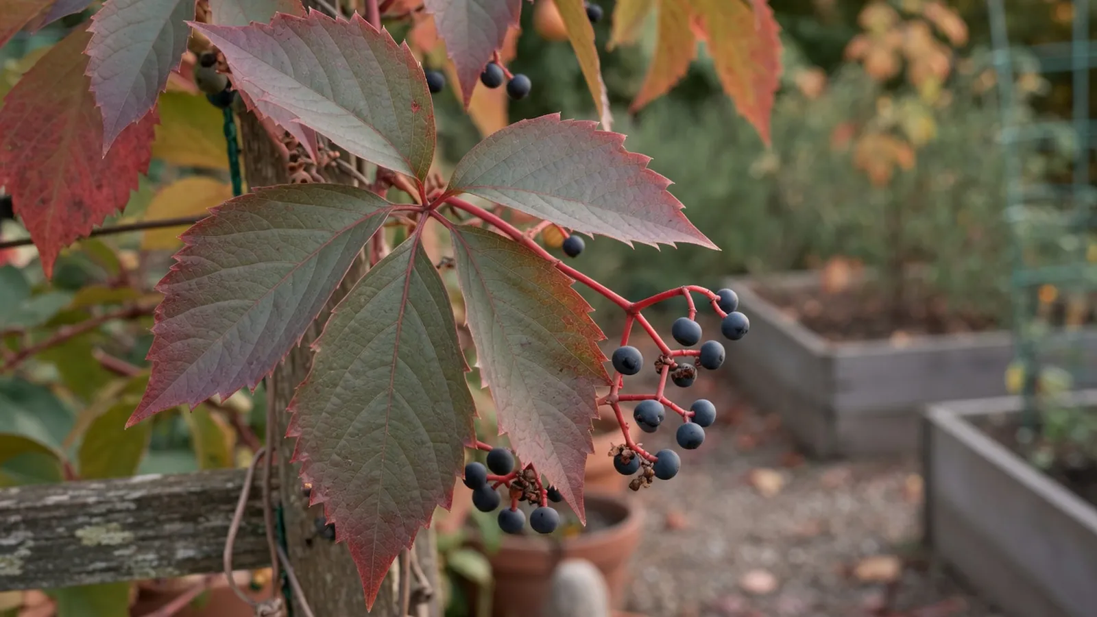 A cluster of Virginia creeper leaves displaying the classic five leaflets alongside small purplish-black berries.