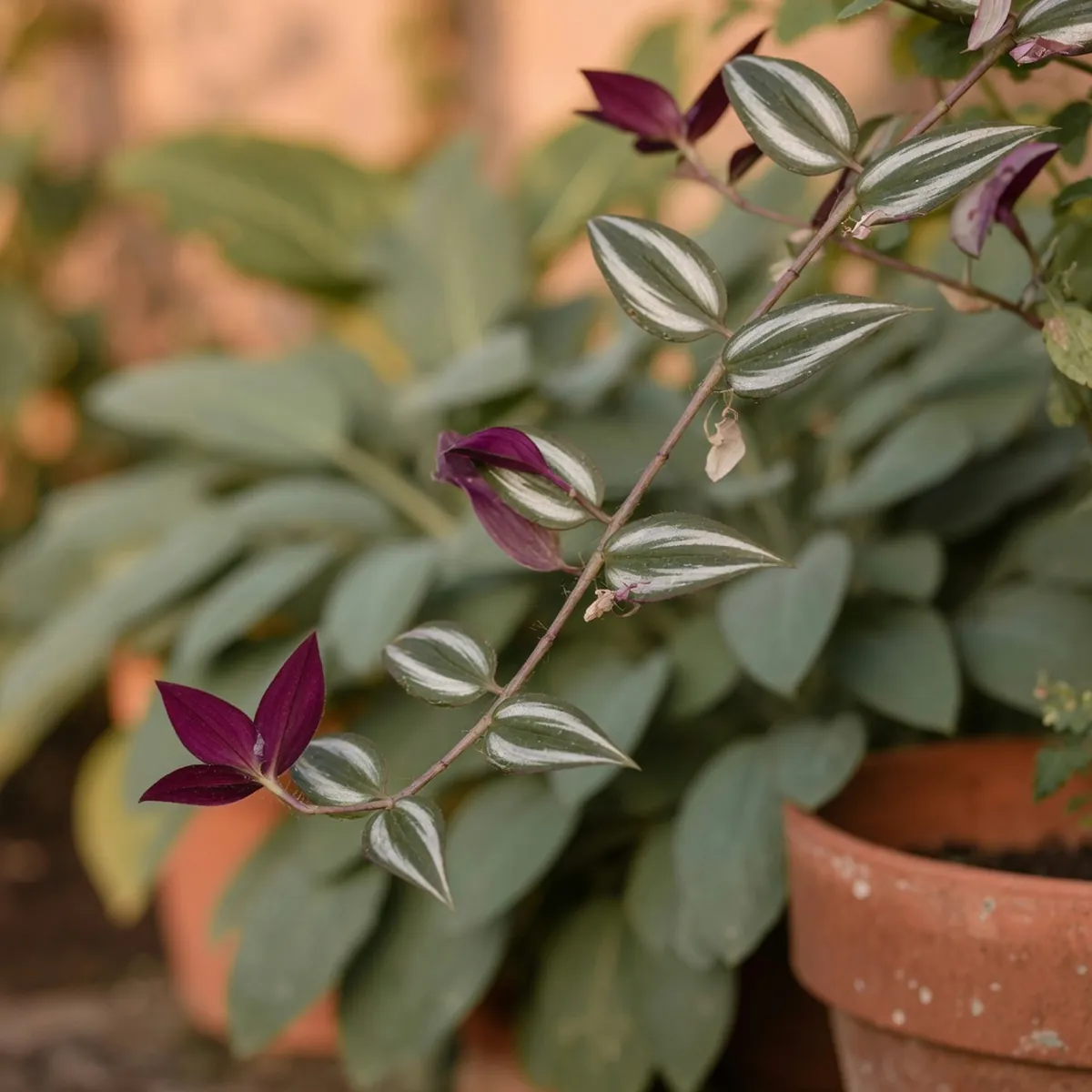 A close-up view of the glossy, two-inch leaves showing silver stripes and purple undersides.