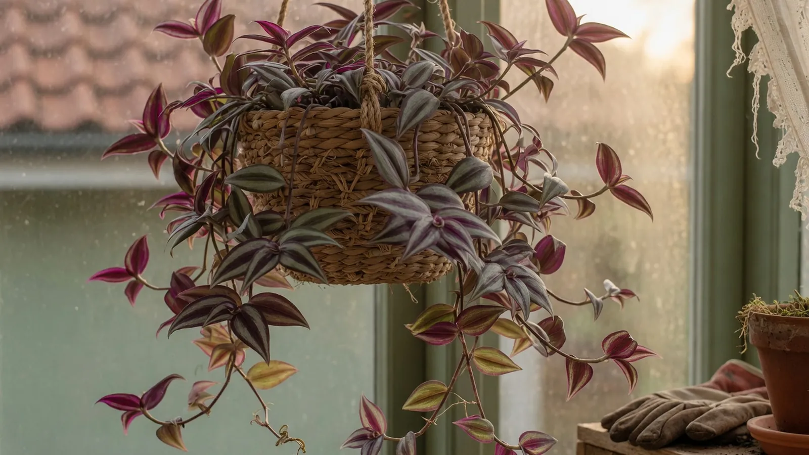 A trailing Wandering Jew plant with purple and silver leaves cascading from a hanging basket.