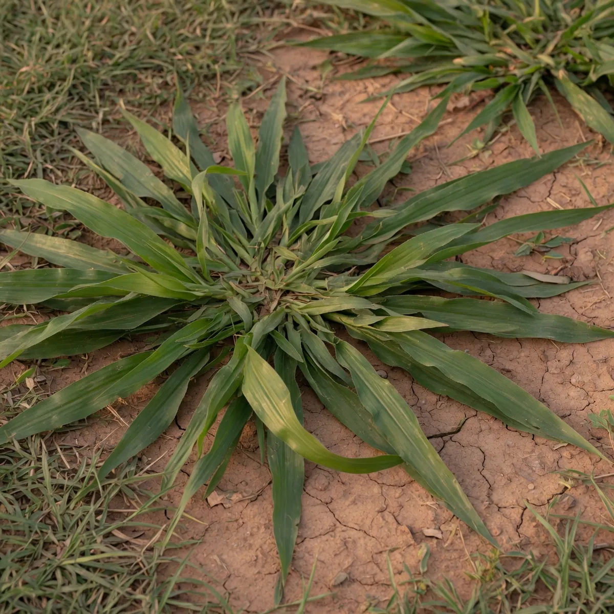 A close-up view of broad, glossy crabgrass blades spreading across a sunlit patch of lawn.