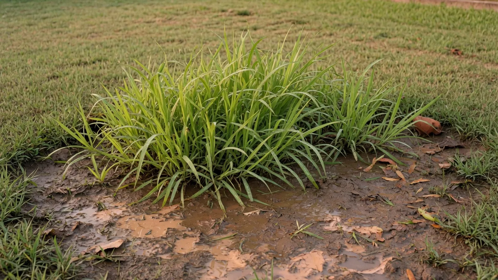 A patch of invasive water grass growing in a damp, muddy section of a residential lawn.