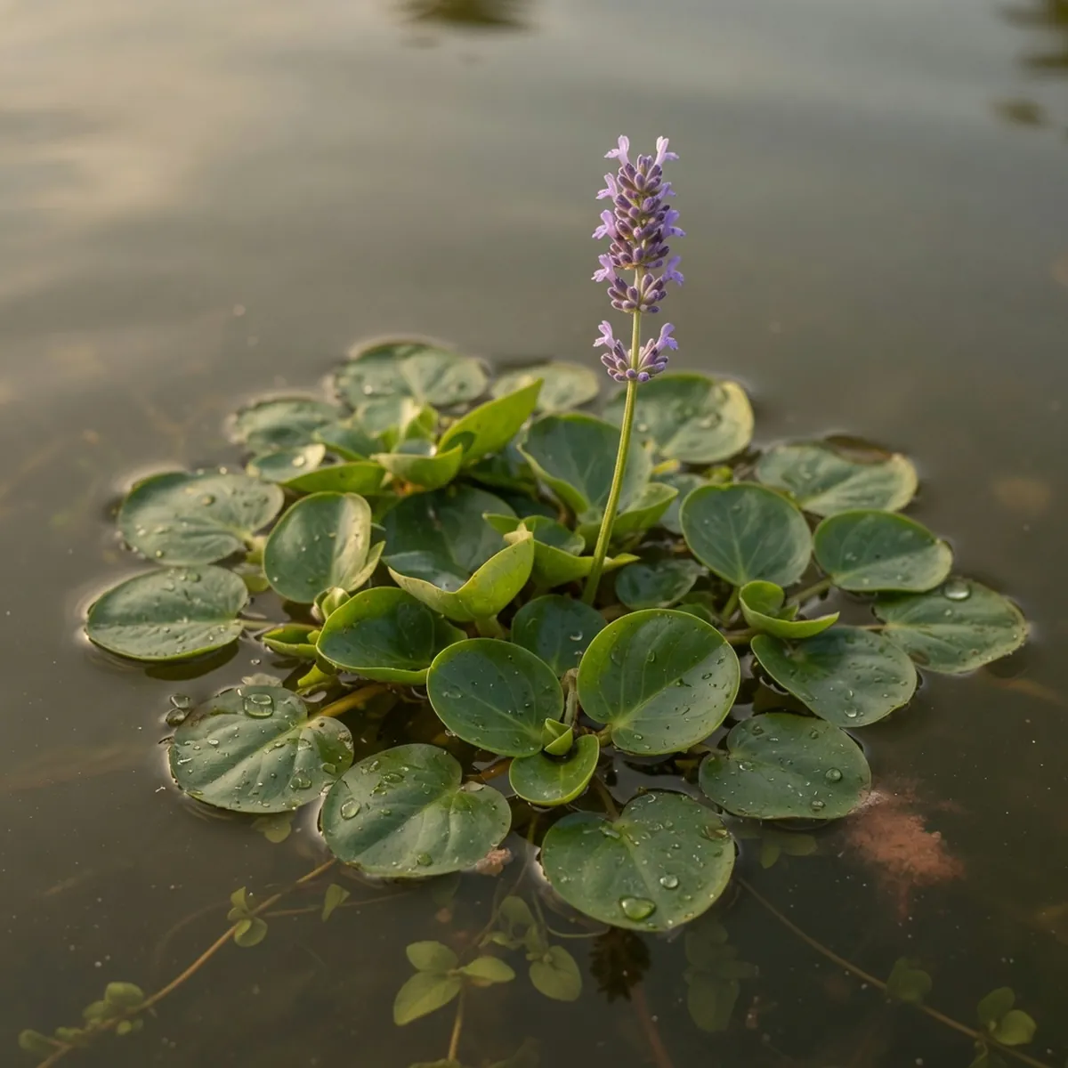 A cluster of glossy green ovate leaves floating on calm freshwater with a spike of lavender flowers.