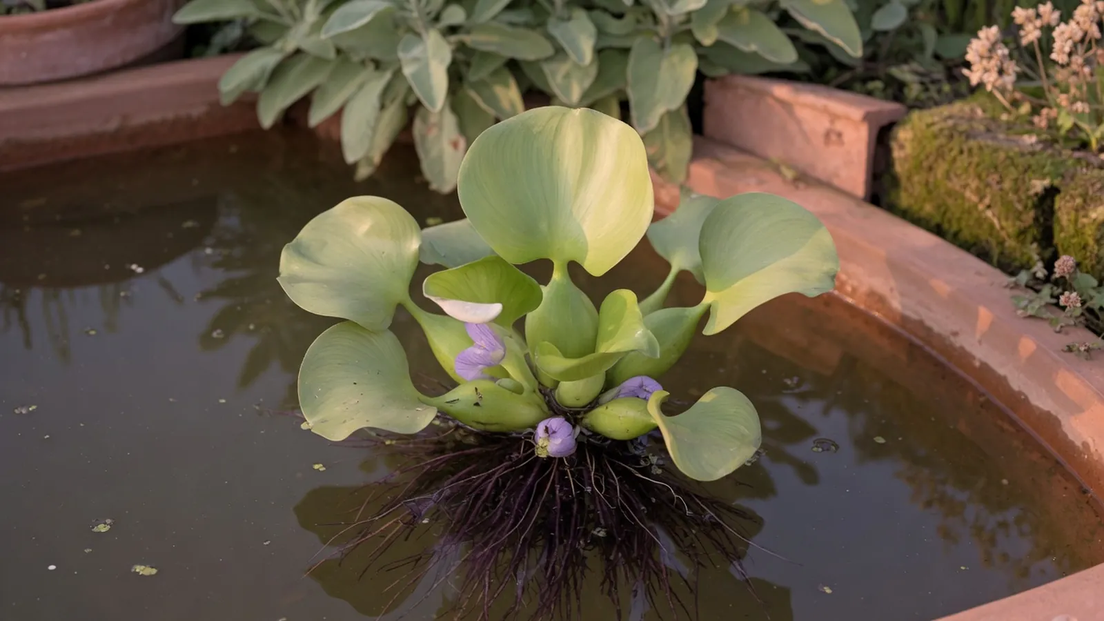 A water hyacinth plant with broad glossy leaves and fibrous purple roots floating on still freshwater.