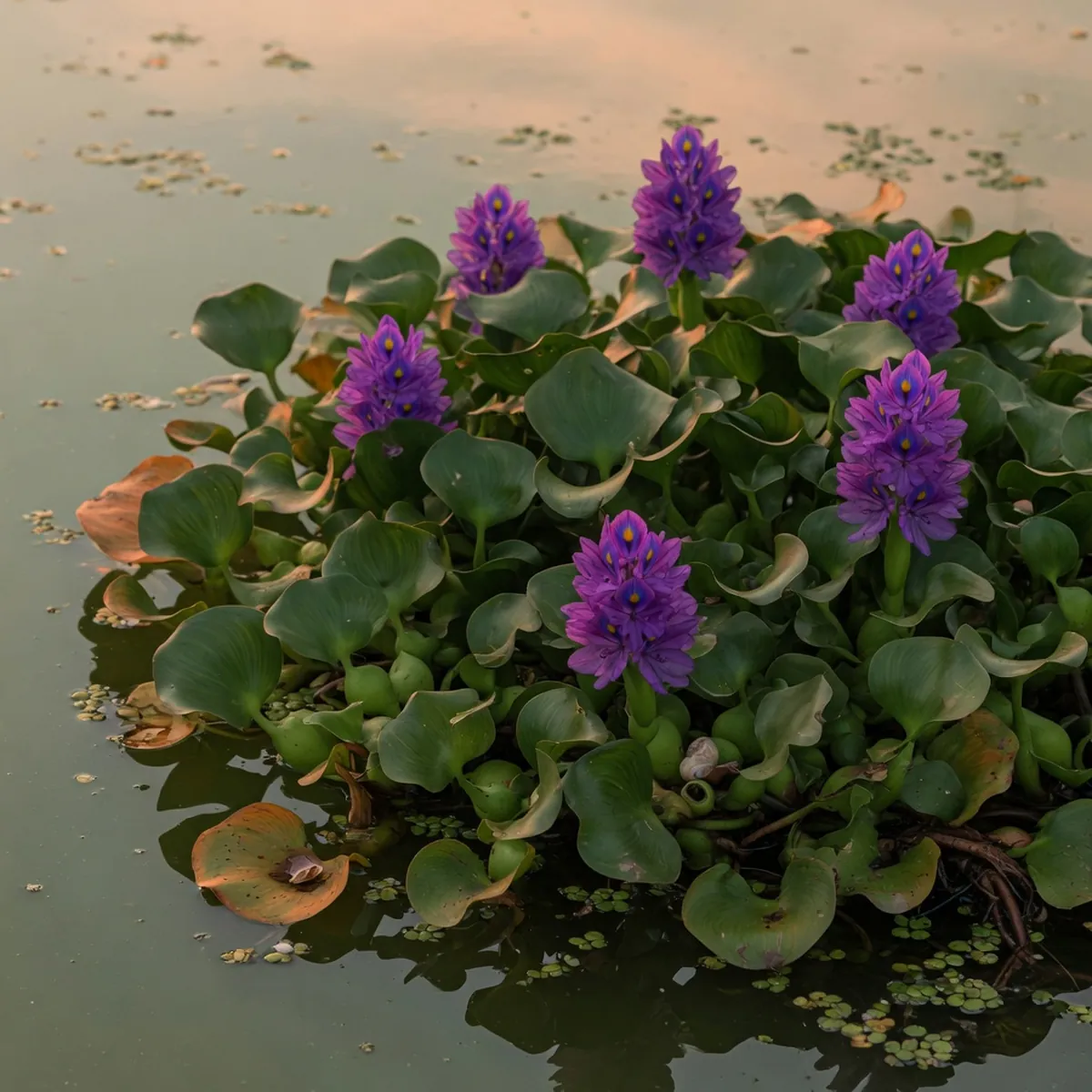 Water hyacinth plants with round green leaves and purple flowers floating on a pond surface.