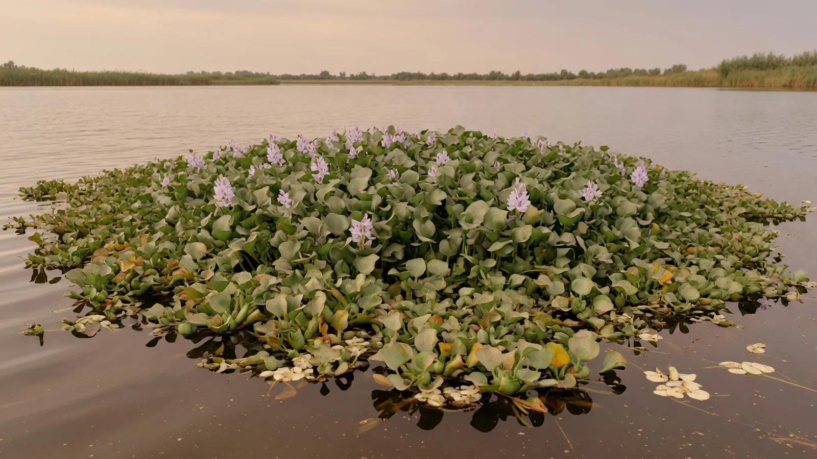 A thick mat of invasive water hyacinth covering the surface of a lake.
