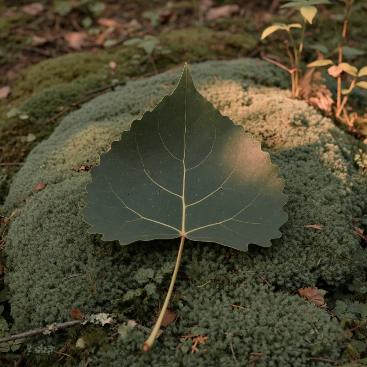 A single broad, dark green Eastern Cottonwood leaf with a distinctly triangular shape and a broad base.