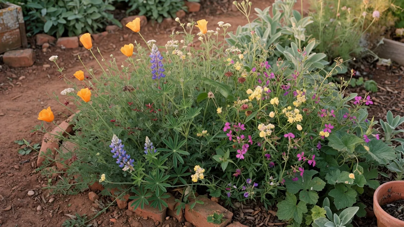 A vibrant cluster of native wildflowers and varied foliage growing naturally in a sunlit garden bed.