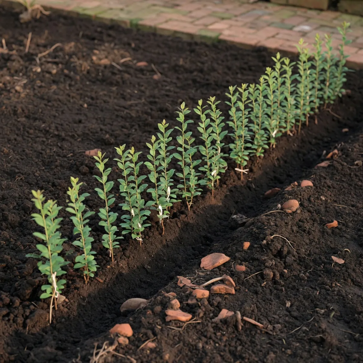 A row of young privet saplings planted closely together in dark, freshly turned garden soil.