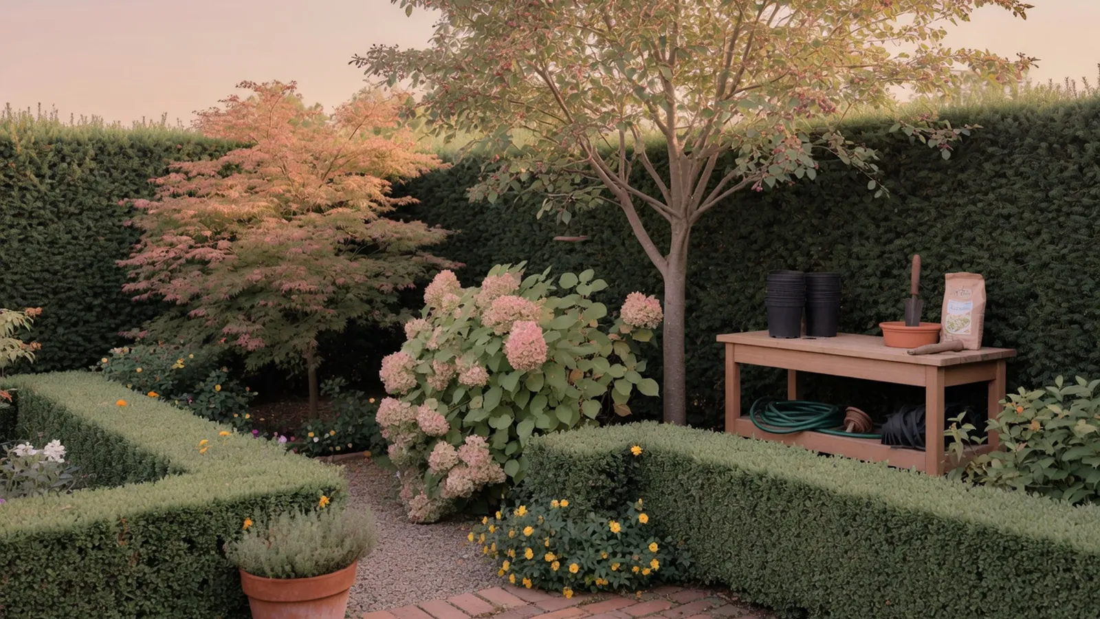 A lush backyard garden featuring a mix of neatly trimmed hedges, medium-sized trees, and flowering shrubs creating a secluded and inviting outdoor space.