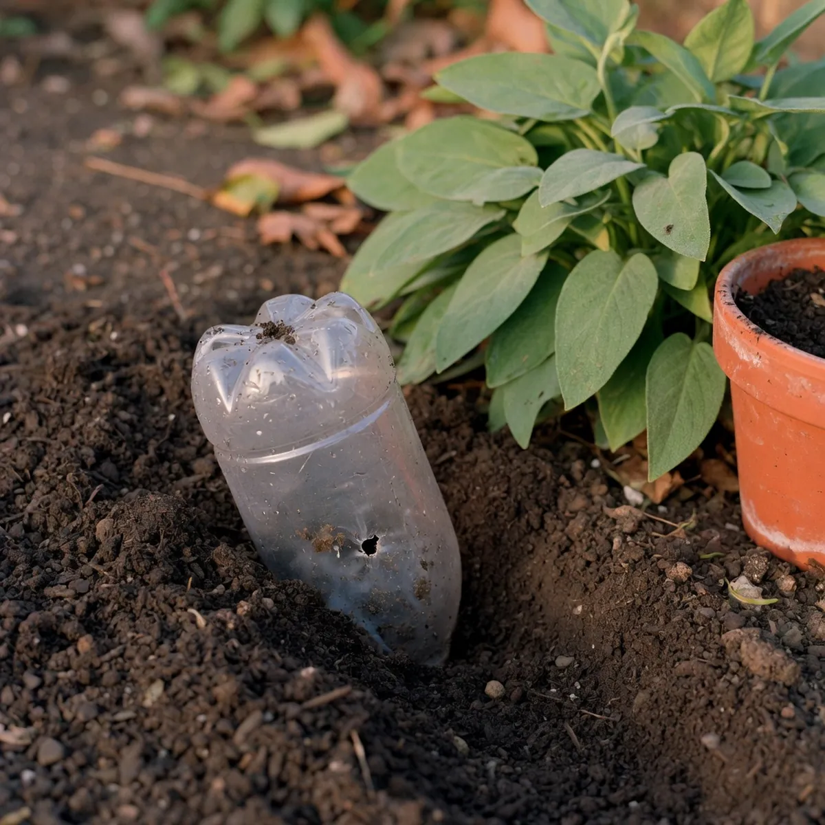 A plastic bottle with a small hole in its base placed in soil beside a houseplant.