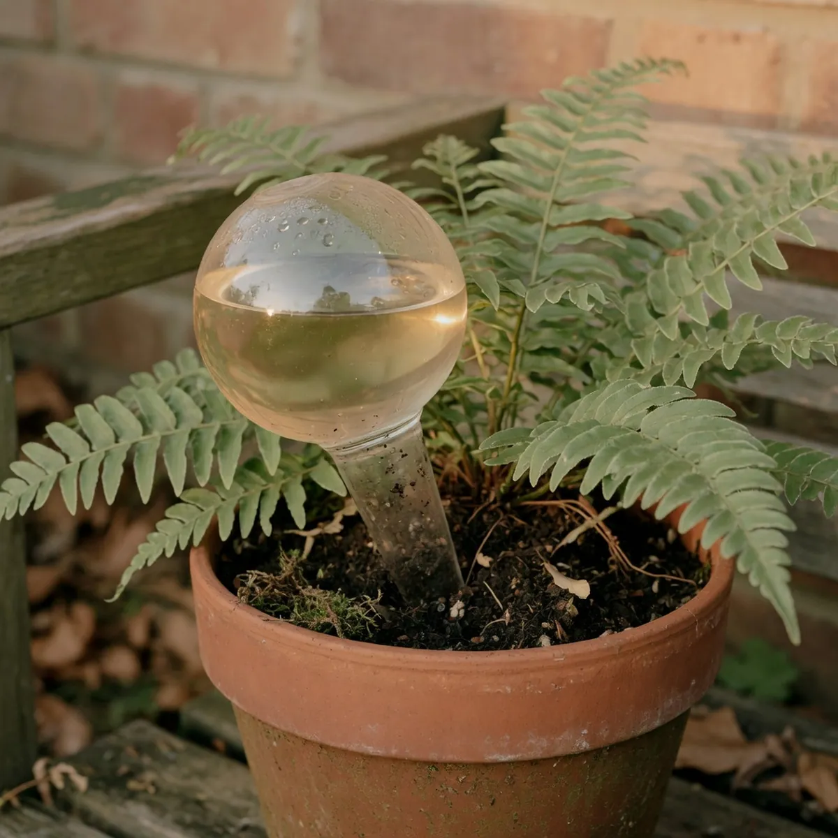A glass watering globe with a tapered neck inserted into the soil of a potted fern.