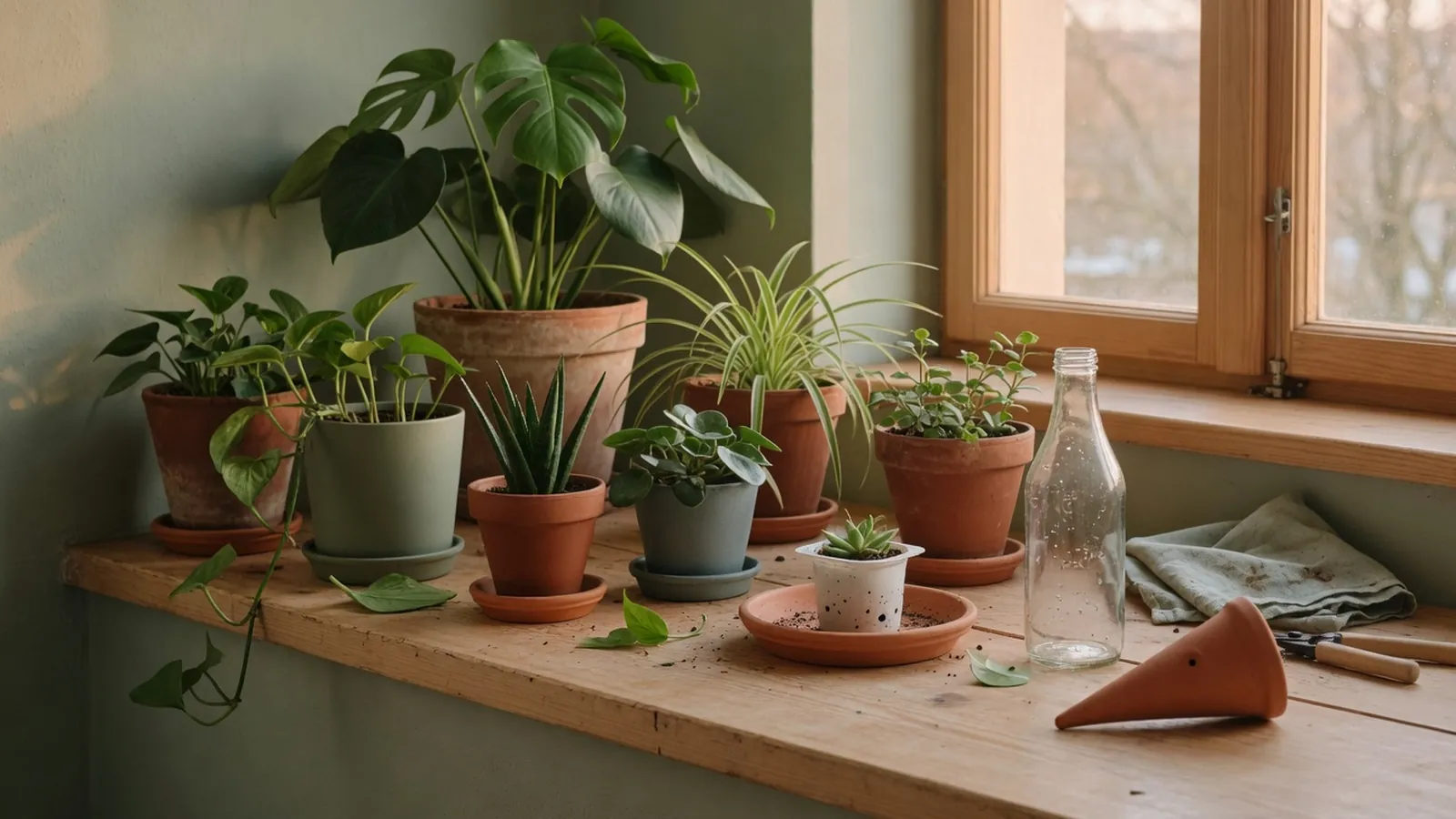 A selection of healthy potted houseplants on a windowsill alongside simple vacation watering aids.