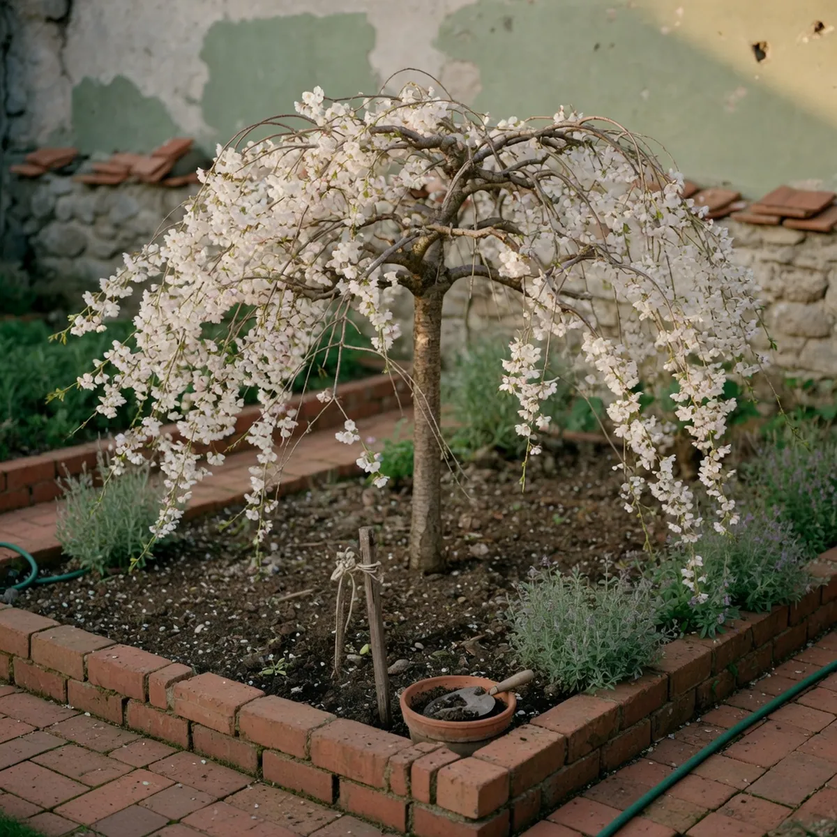 Close-up of a weeping cherry tree's drooping branches and white blossoms planted in well-drained soil.