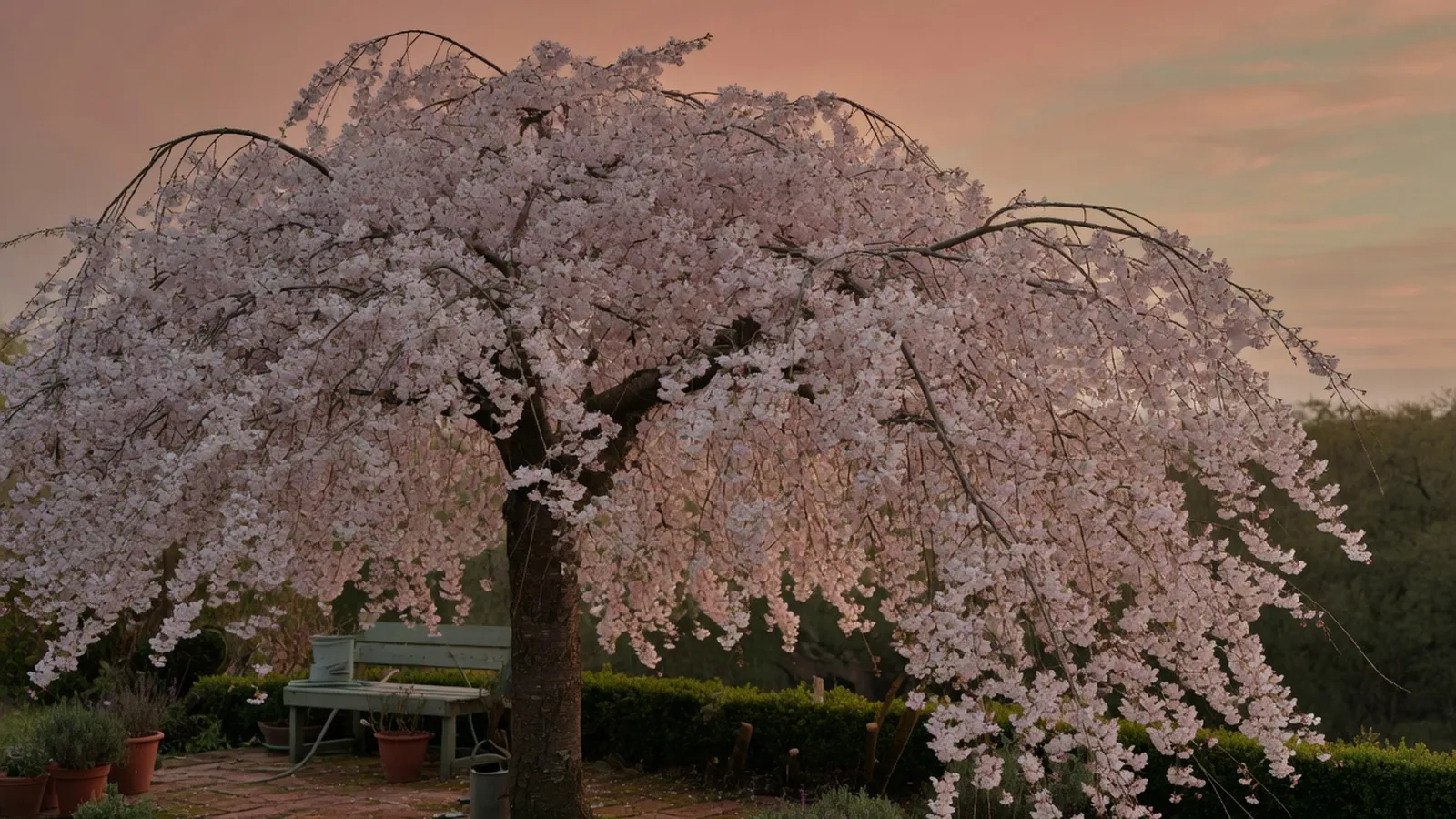 A weeping cherry tree with gracefully drooping branches and delicate white blossoms in a garden setting.