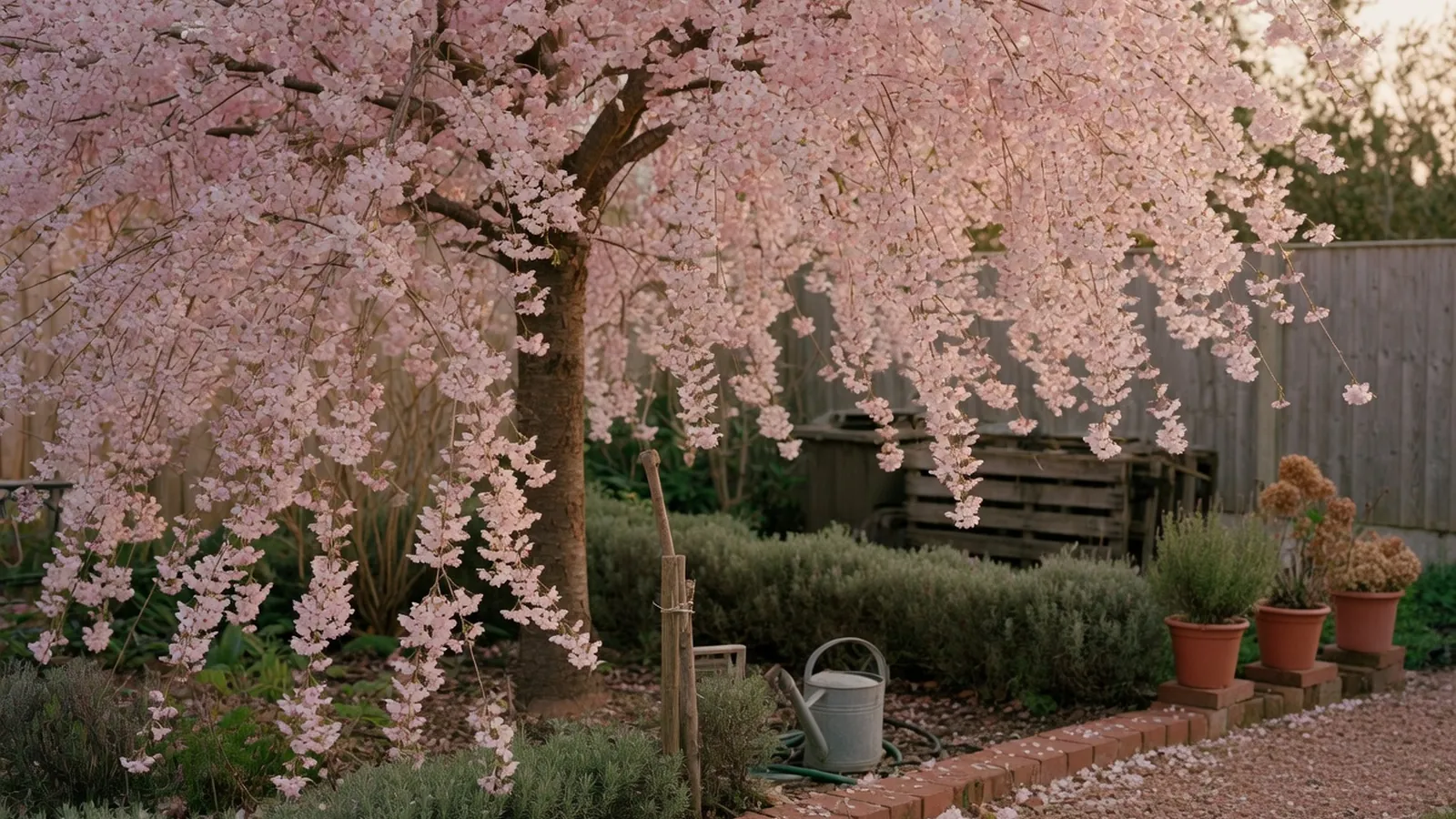 A weeping cherry tree in full bloom with cascading branches of delicate pink and white flowers.