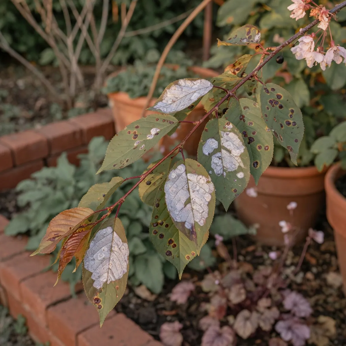 A weeping cherry branch displaying silvery leaf fungus and dark cherry leaf spots on the foliage.