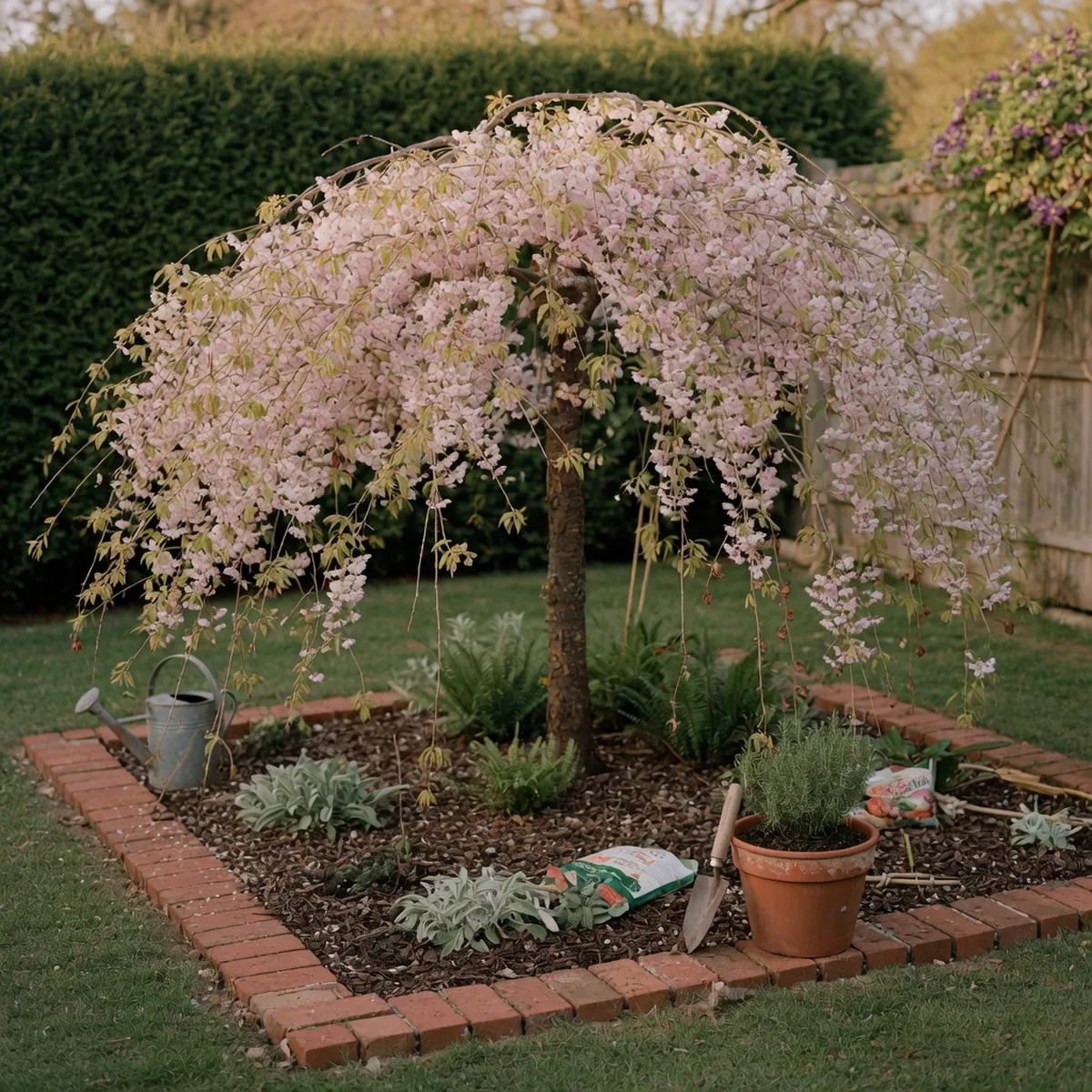 A weeping cherry tree displaying its characteristic cascading branches and umbrella-like canopy.