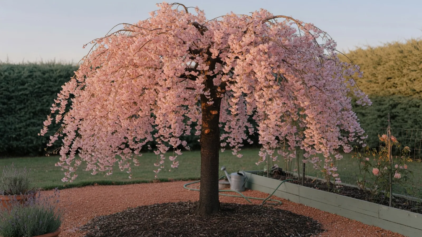 A weeping cherry tree in full bloom with delicate pink blossoms cascading downwards.