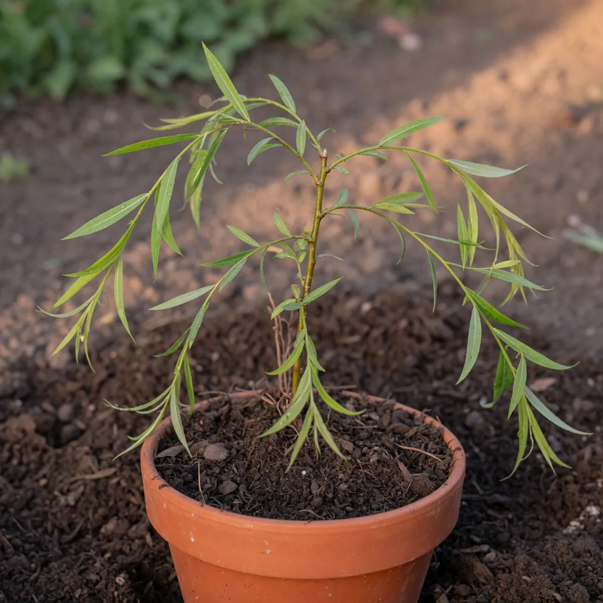 A young weeping willow sapling with fresh green leaves planted in loose garden soil.