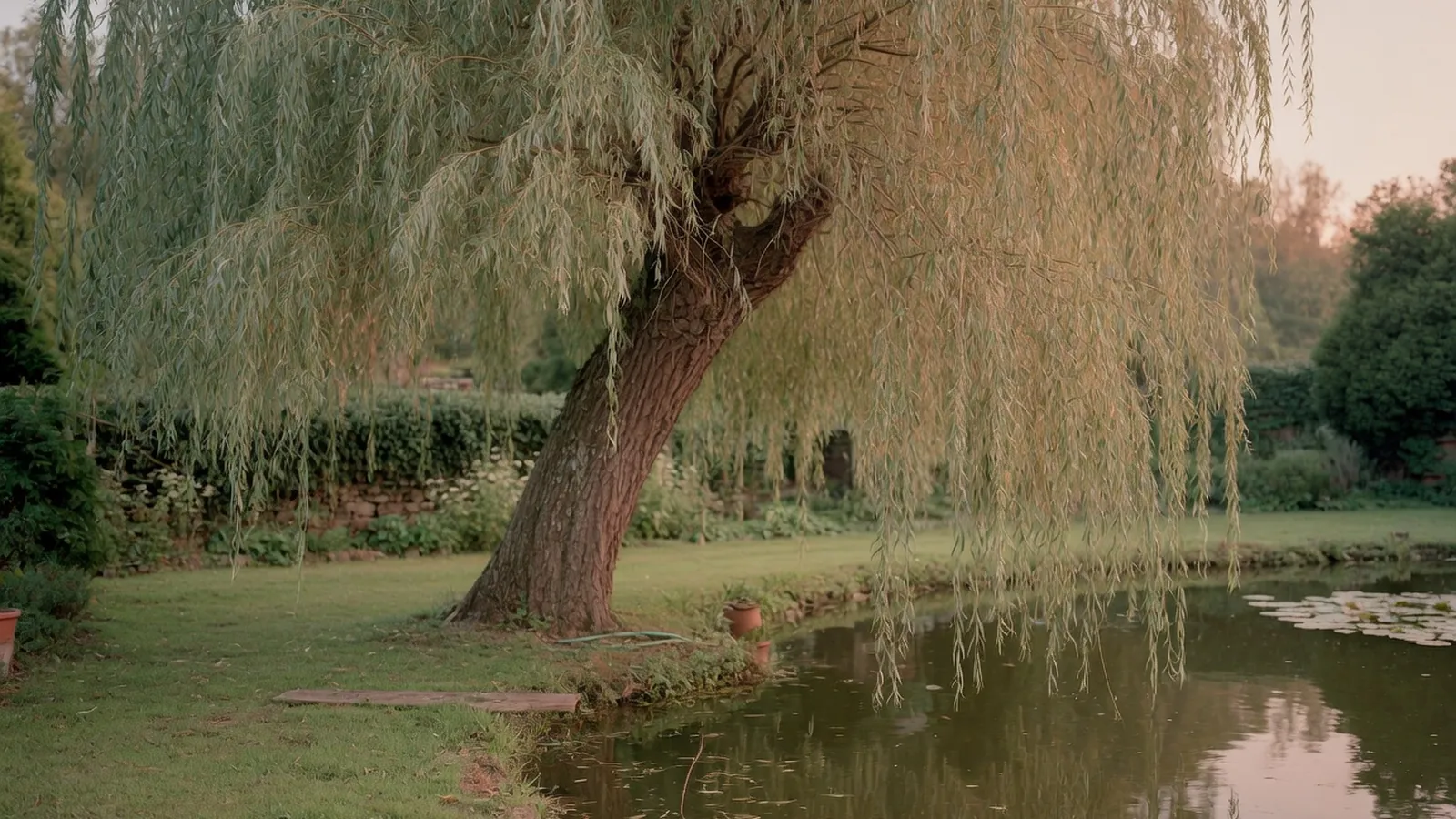 A mature weeping willow tree with long, slender, drooping branches standing beside a calm pond.