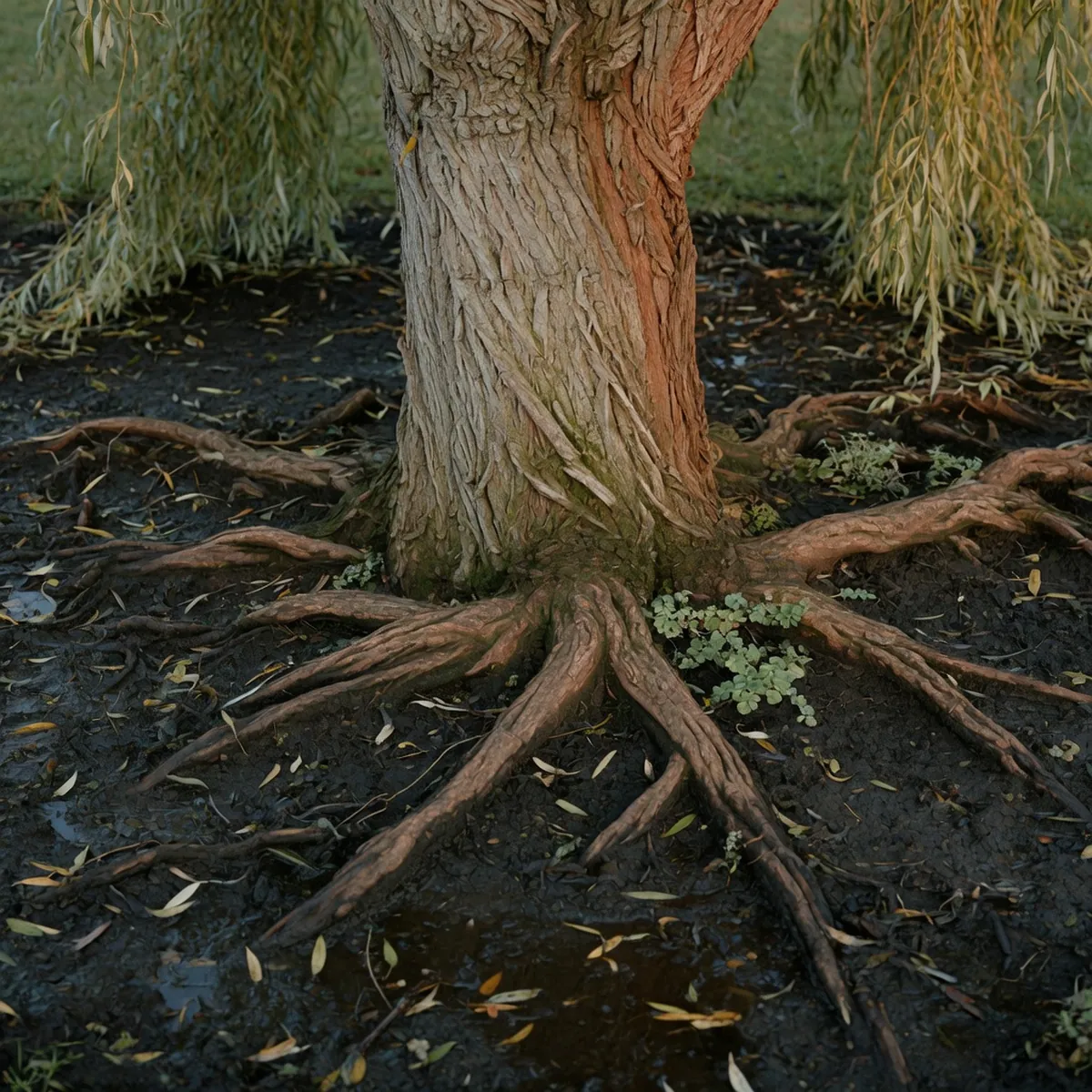 Waterlogged soil surrounds the base of a weeping willow trunk with exposed surface roots.