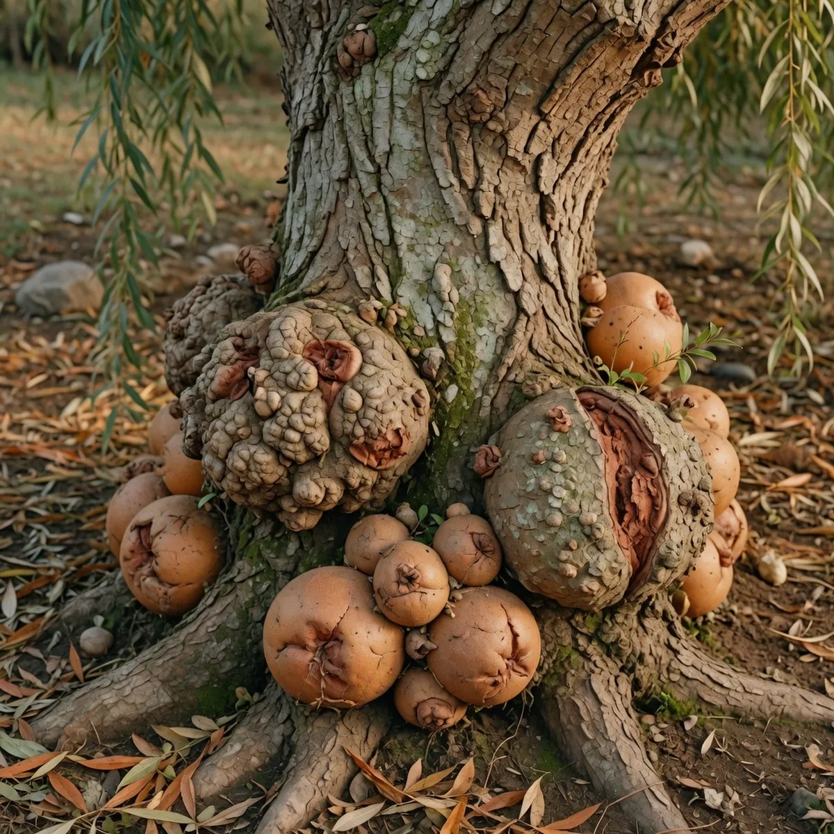 A close-up view reveals distinct, rough, tumor-like swellings on a weeping willow trunk base.