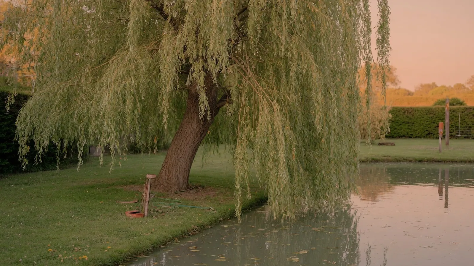 A mature weeping willow tree with long, drooping branches and lush green foliage stands near a calm water body.