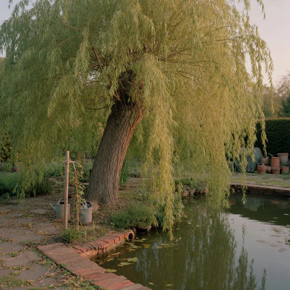 A mature weeping willow tree with long sweeping branches and narrow leaves standing beside a calm pond.