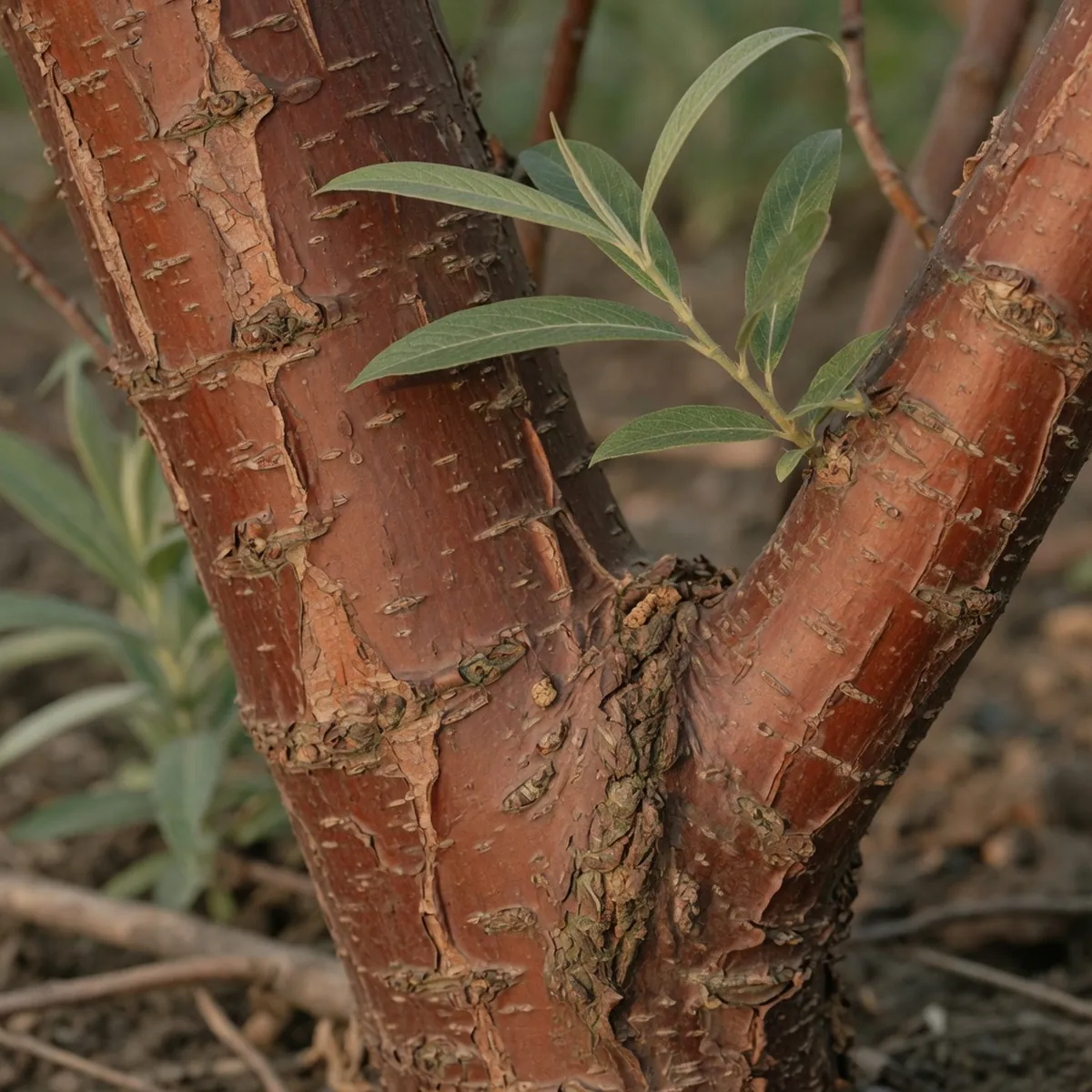 A close-up view of rough reddish-brown willow bark on a sturdy branch with a few narrow green leaves attached.