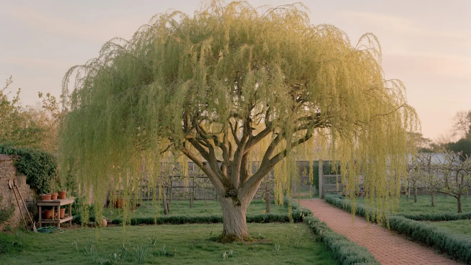 A majestic weeping willow tree with sweeping drooping branches standing in a lush garden landscape.