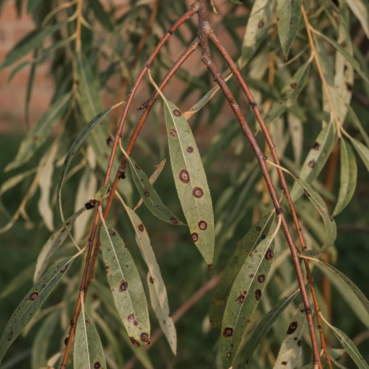 Close-up of a weeping willow branch showing dark brown spots on the leaves and twigs.