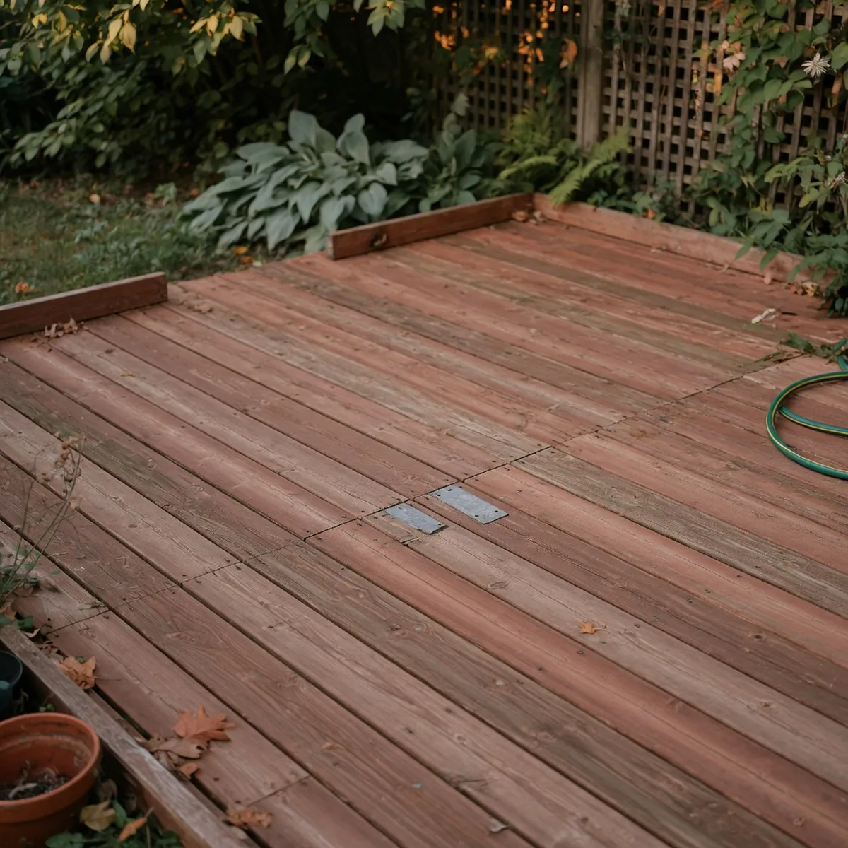 A weathered wooden deck made from reddish-brown cedar planks in a shaded garden.