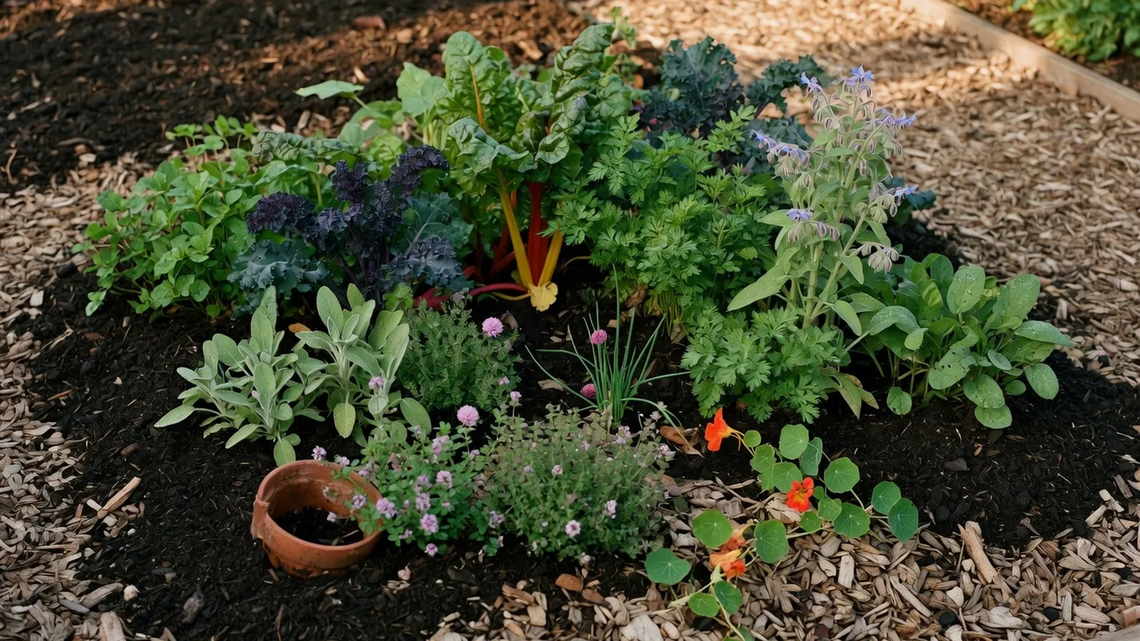A diverse garden bed with compost, mulch, and mixed plants growing together in a sustainable ecosystem.
