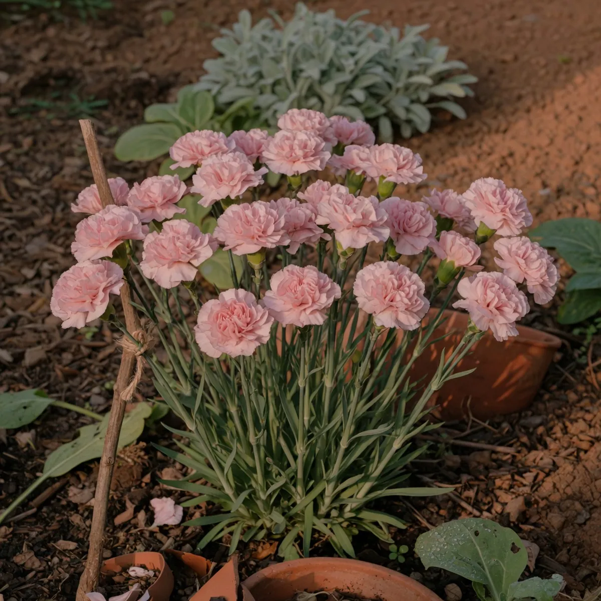 A cluster of soft pink carnations with ruffled petals in a garden setting.