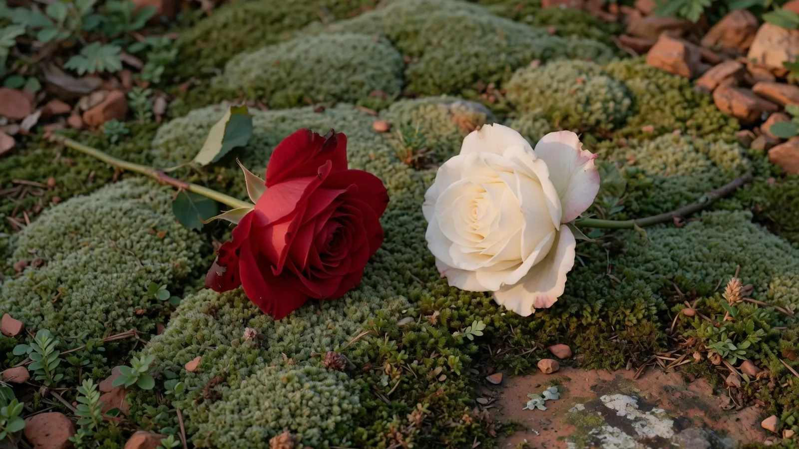 A single red rose and a single white rose resting on mossy ground.
