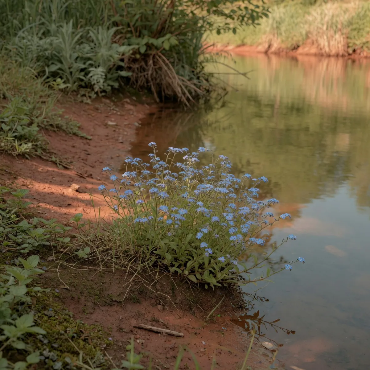 A cluster of delicate blue forget-me-not flowers growing beside a calm riverbank.