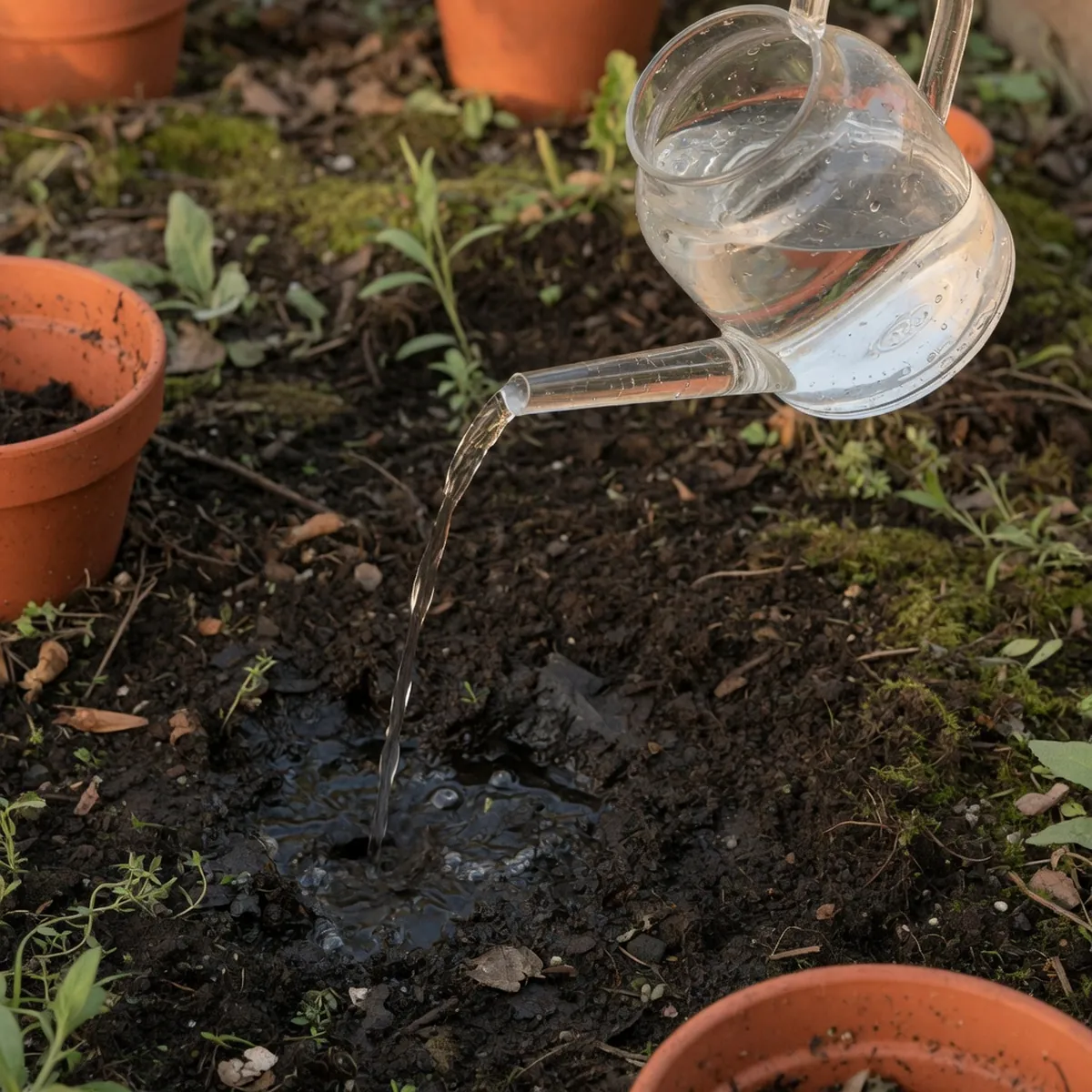 A glass watering can pouring water onto dark garden soil.