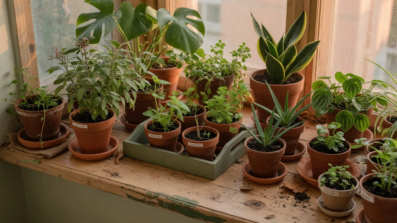 A variety of healthy potted plants arranged on a bright wooden windowsill.