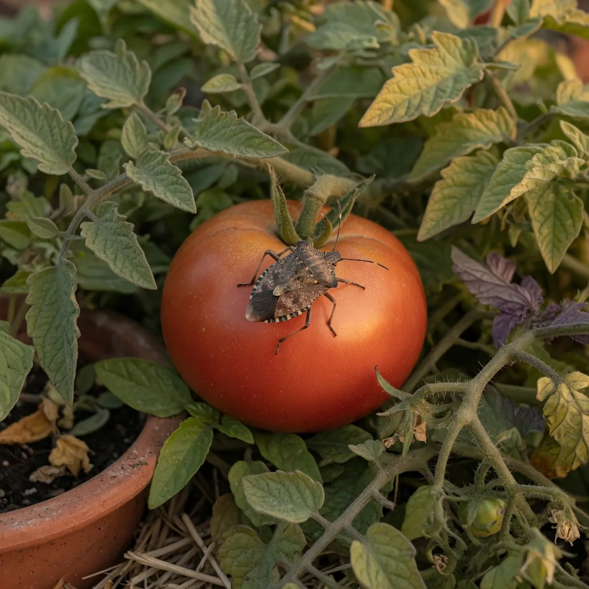 A close-up view of a stink bug feeding on a ripe red tomato among green foliage.