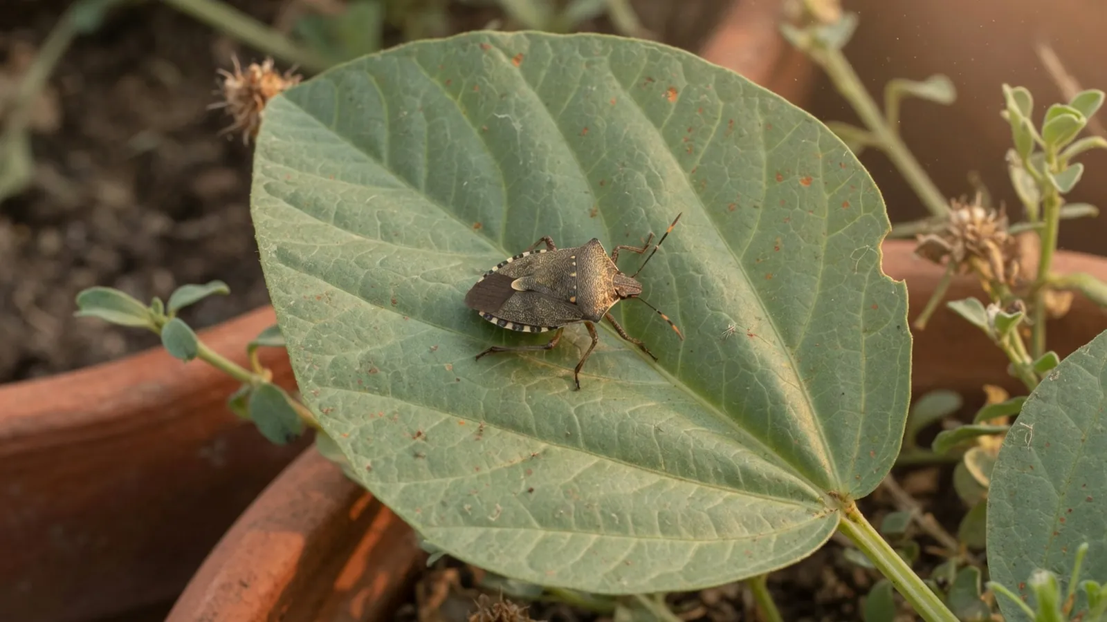 A shield-shaped stink bug rests on a broad green leaf in a garden setting.