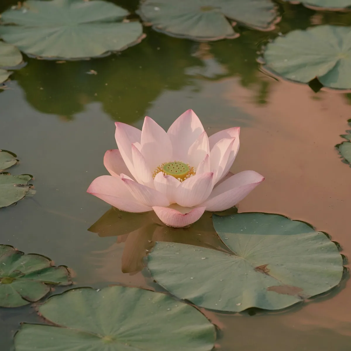 A pale pink lotus flower rests on calm water surrounded by smooth green lily pads.