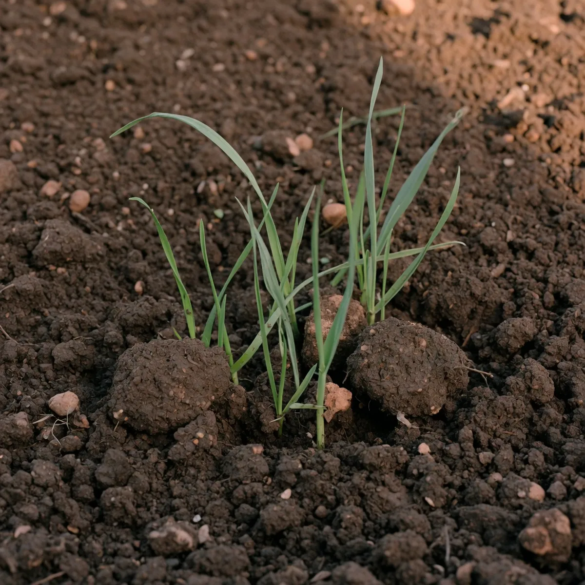 Close-up of moist soil with emerging green grass blades catching soft morning light.