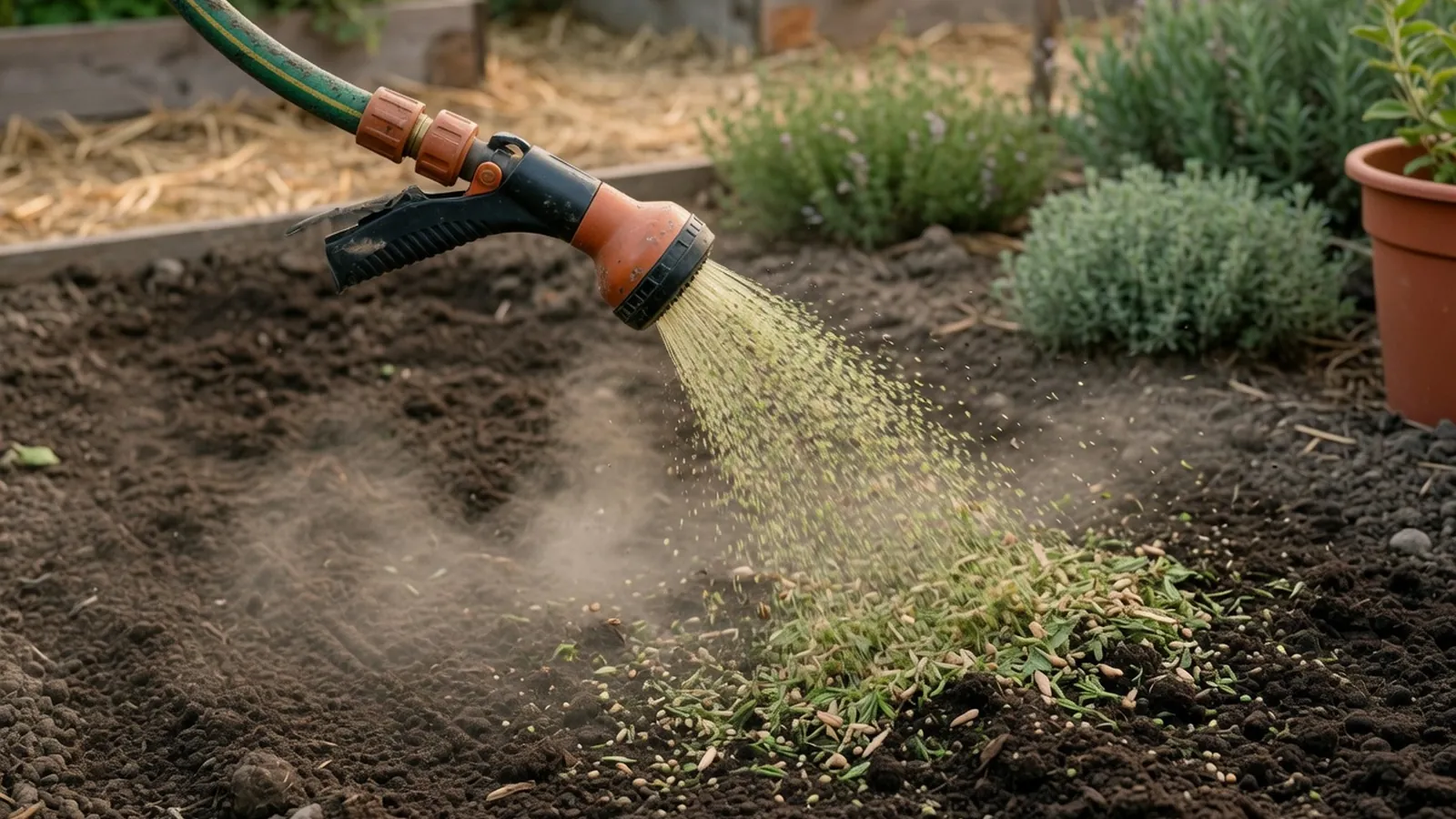 A garden hose spraying a fine mist of green-tinted mulch and seed mixture onto prepared soil.